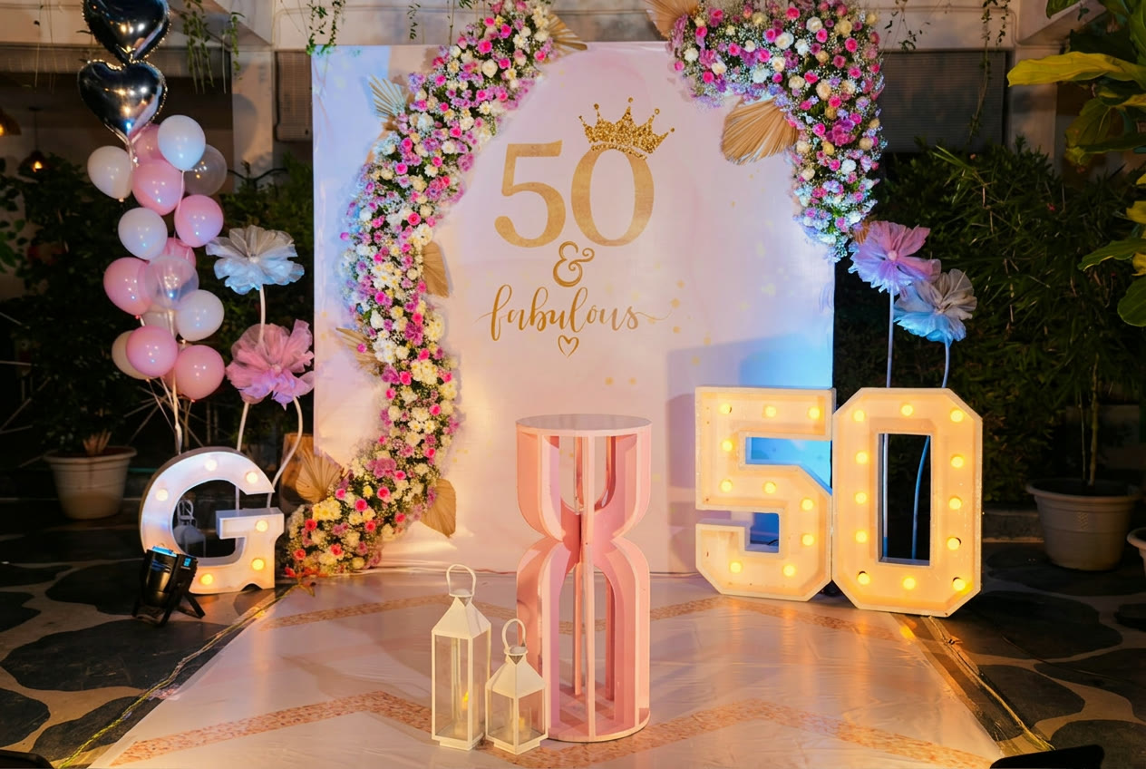 Pink and floral fiftieth birthday backdrop